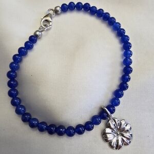 Blue Quartzite Platinum Over Sterling Silver Bracelet w/ Floral Charm 7.50in
